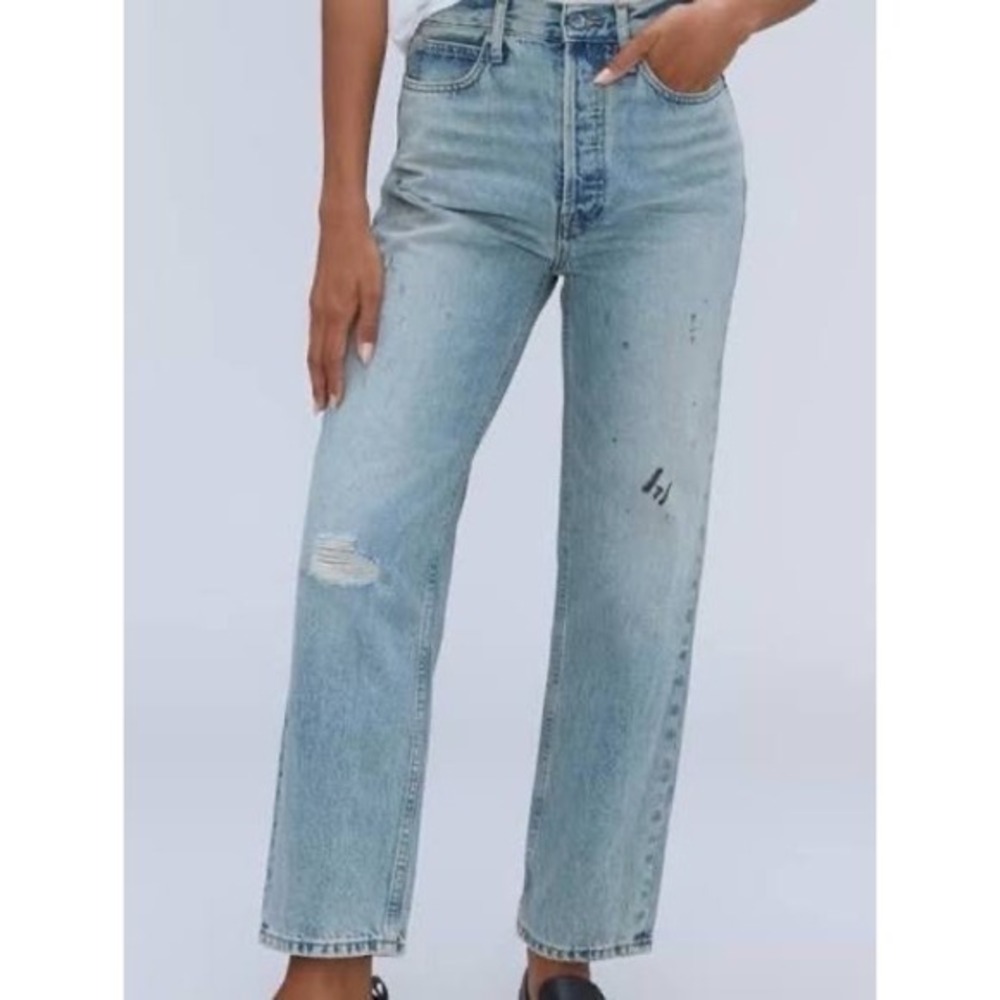 Everlane The 90s Way-High Jean Light Blue Wash Paint Splatter Straight Leg Sz 23